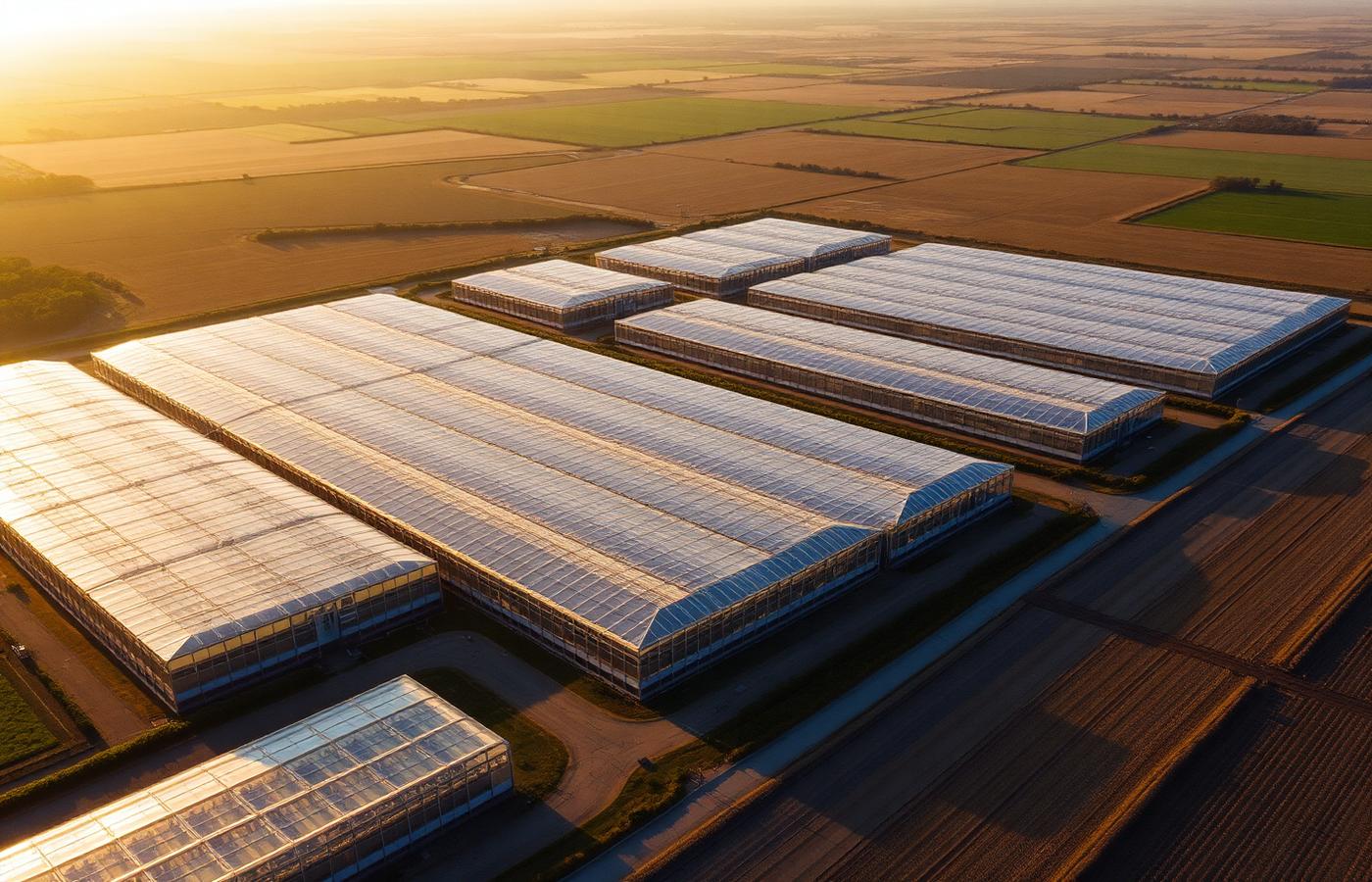Aerial view of a large greenhouse complex at sunset